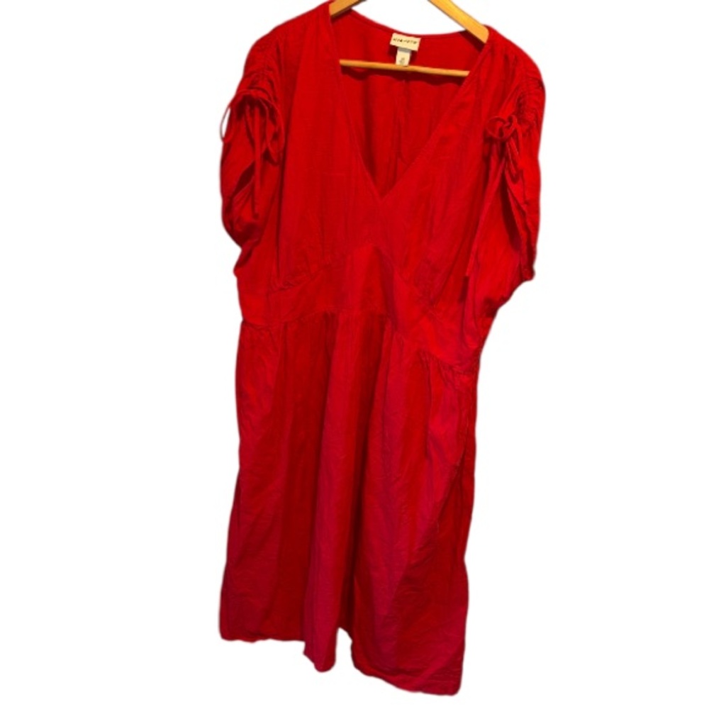 Ava & Viv Red Ruched Midi Dress with Puff Sleeves
